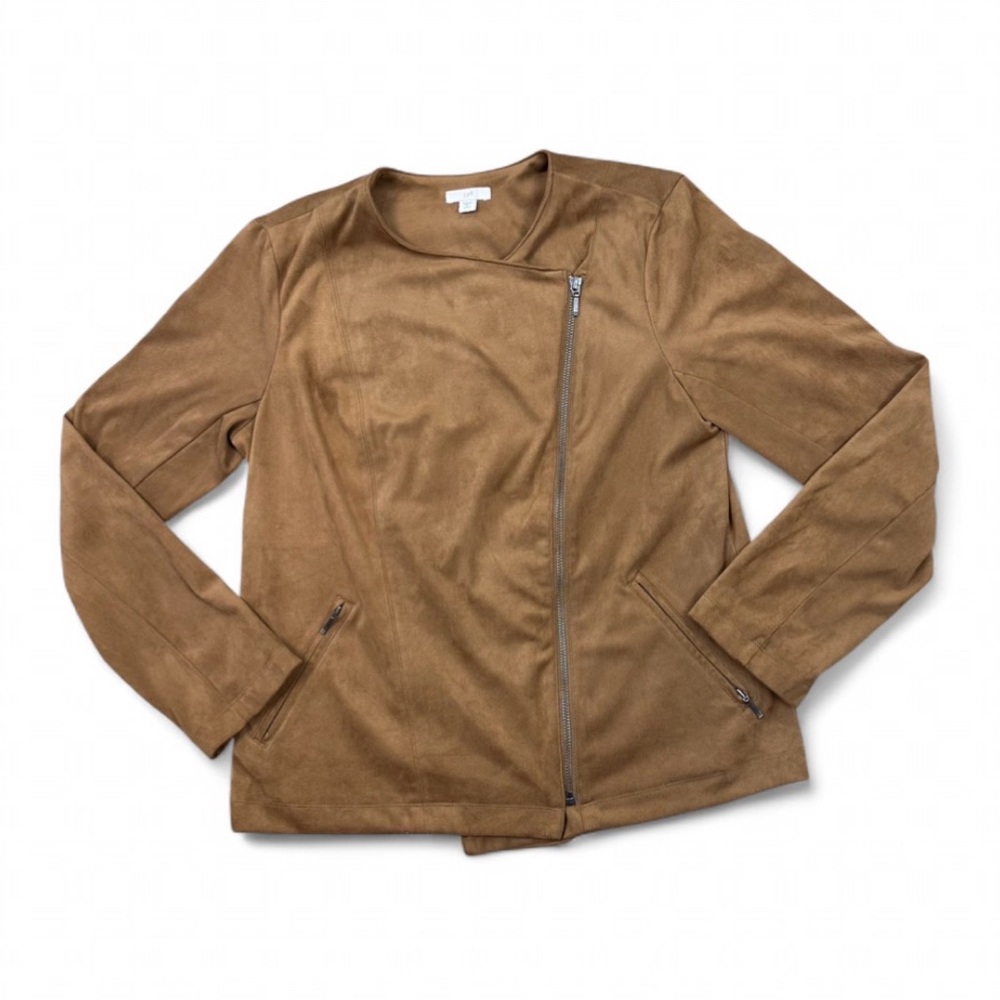 J. Jill Faux Suede Moto Jacket Size Small Petite SP Brown Camel Asymmetrical Zip - Picture 8 of 13